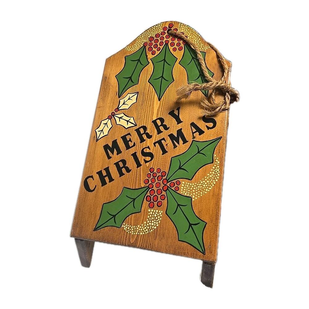 Vtg Wooden Sleigh Merry Christmas Decor Cottagecore Farmhouse Hand Paintedโ